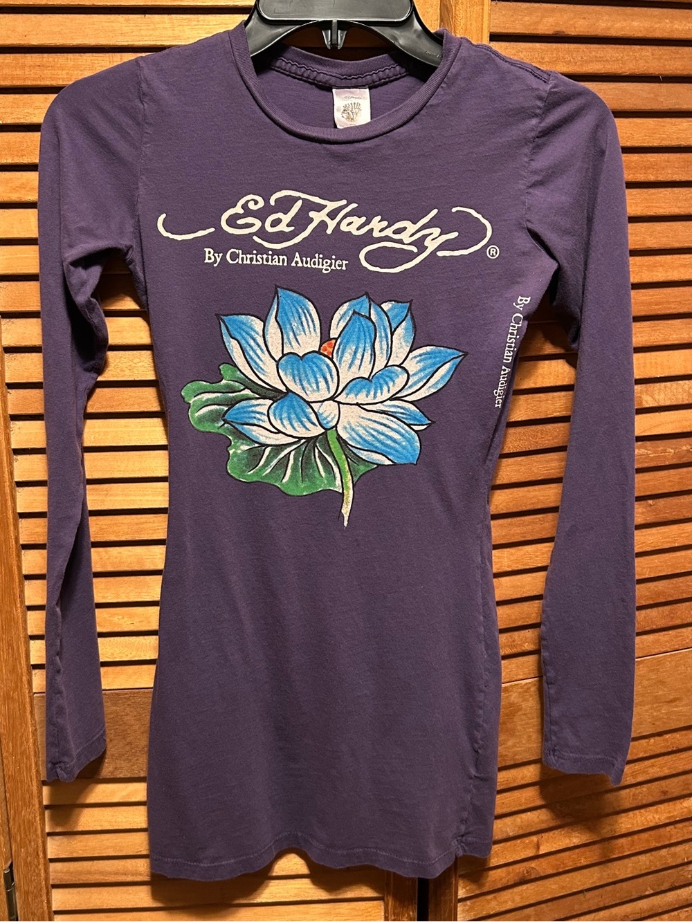 Ed Hardy Purple Long Sleeve Tunic Dress with Blue & Green Lotus Graphic